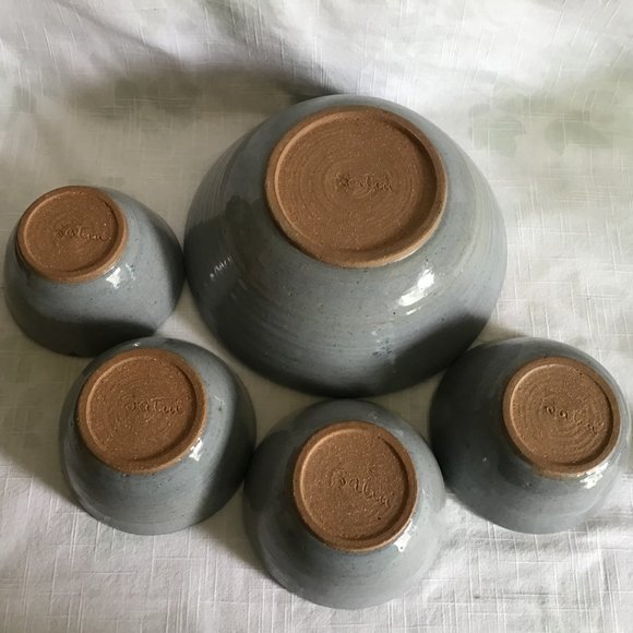 Vintage 80s Set of 5 Pottery Bowls Artist Signed Abstract Paint Glazed - Picture 8 of 9